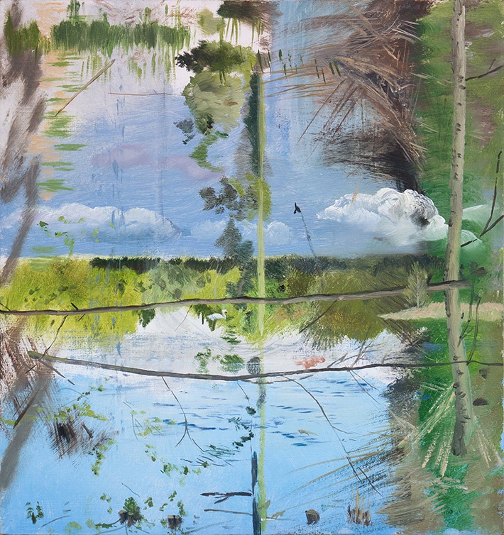 Počernický rybník s labutí, obraz otáčený po 2 min., 2016, olej na desce, 35x35cm