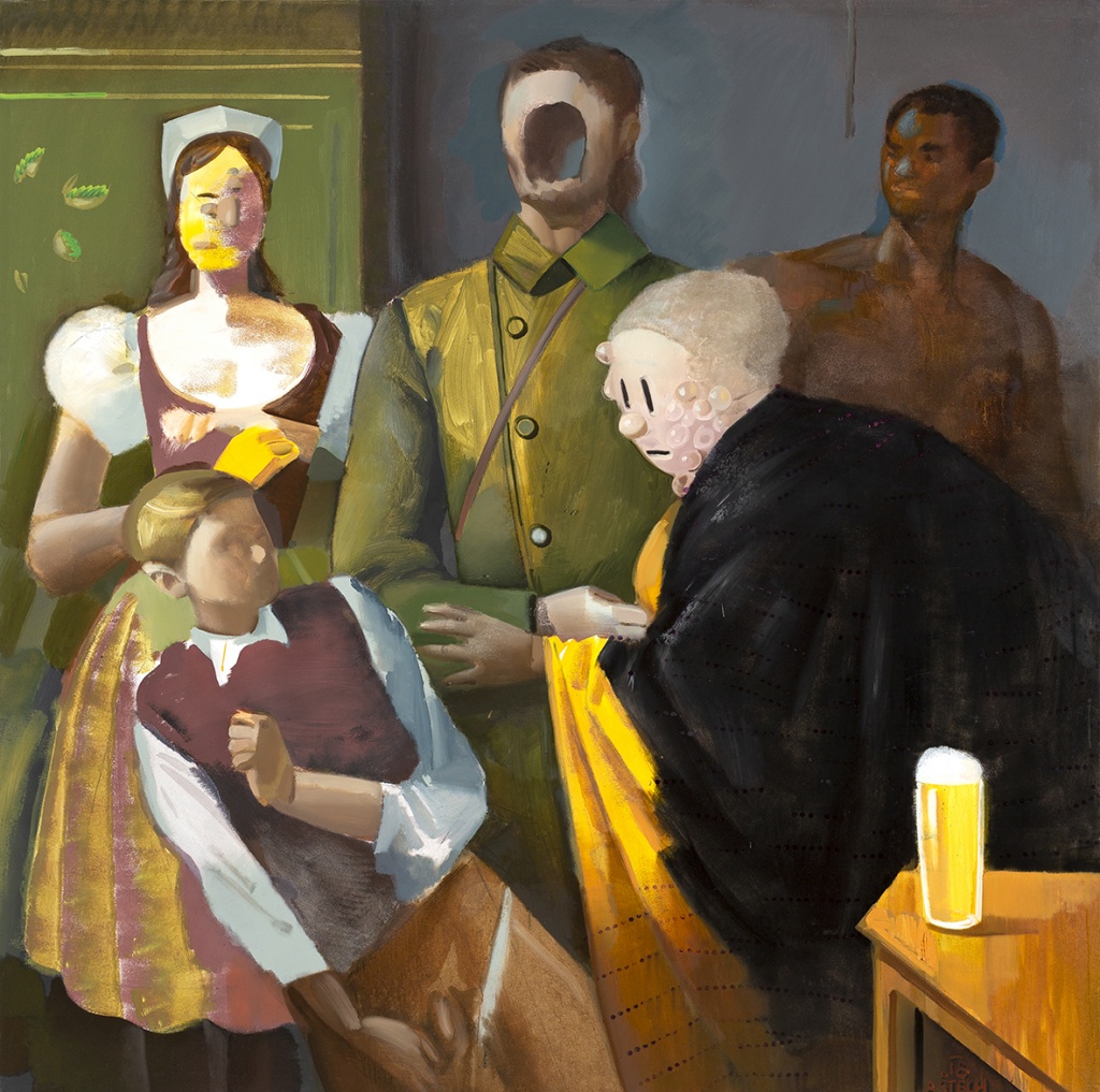 Tradice, válka, imigrace, internet a pivo, 2018, 200x200cm, kombinovaná technika na plátně Tradice, válka, imigrace, internet a pivo, 2018, 200x200cm, kombinovaná technika na plátně
