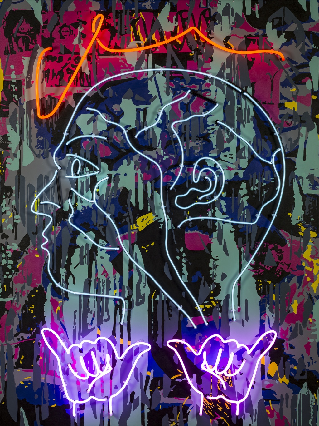 Mozek, 2020, akryl na plátně a neonové trubice, 160 x 120 cm