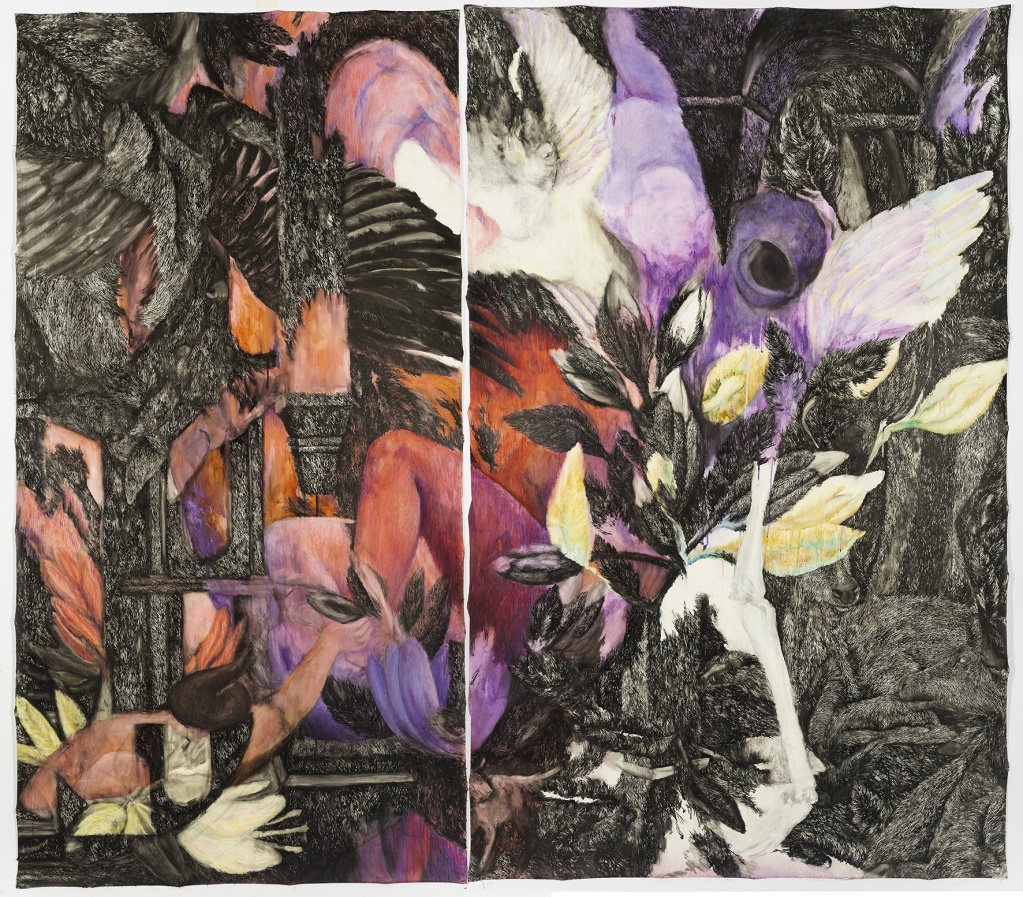 Dana Sahánková, Požehnáno, co se zelená, 2017-22, tuš, akvarel, pastel na plátně, 212 x 240 cm Dana Sahánková, Požehnáno, co se zelená, 2017-22, tuš, akvarel, pastel na plátně, 212 x 240 cm