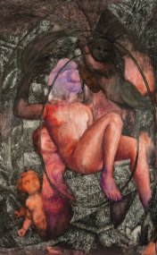 Zrození Venuše, zrození ze tmy, 2020-21, tuš, akvarel, pastel na plátně, 240 x 150 cm