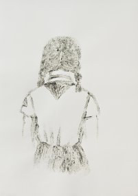 Traudi, 2025, písek a pojidlo na papíře, 100 × 70 cm